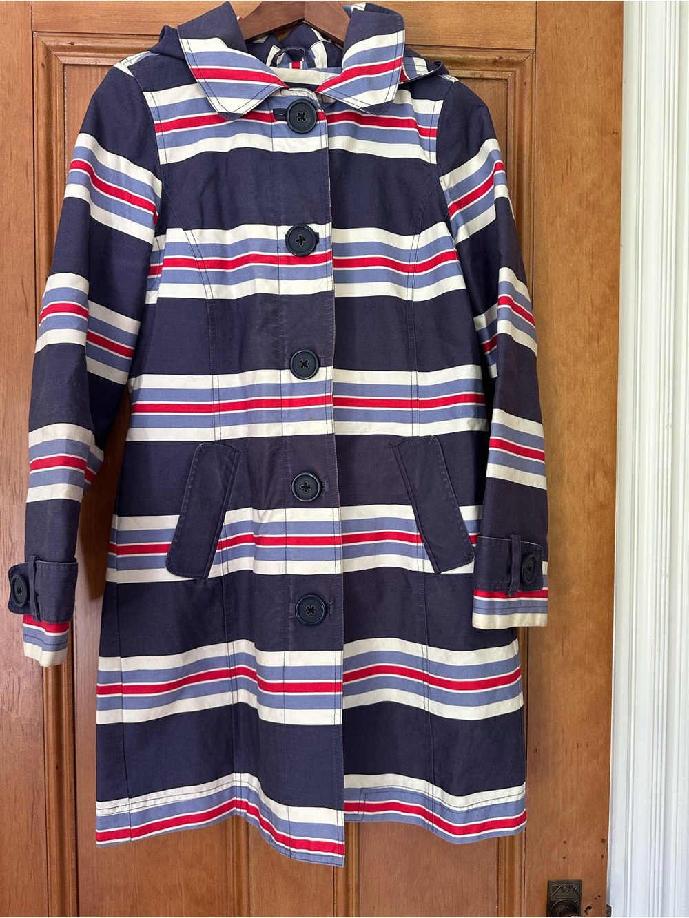 Women’s Boden Striped Single-Breasted Trench Coat, Removable Hood
